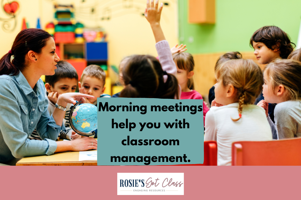 A teacher and students are working together to learn in a classroom which is a benefit of morning meetings.