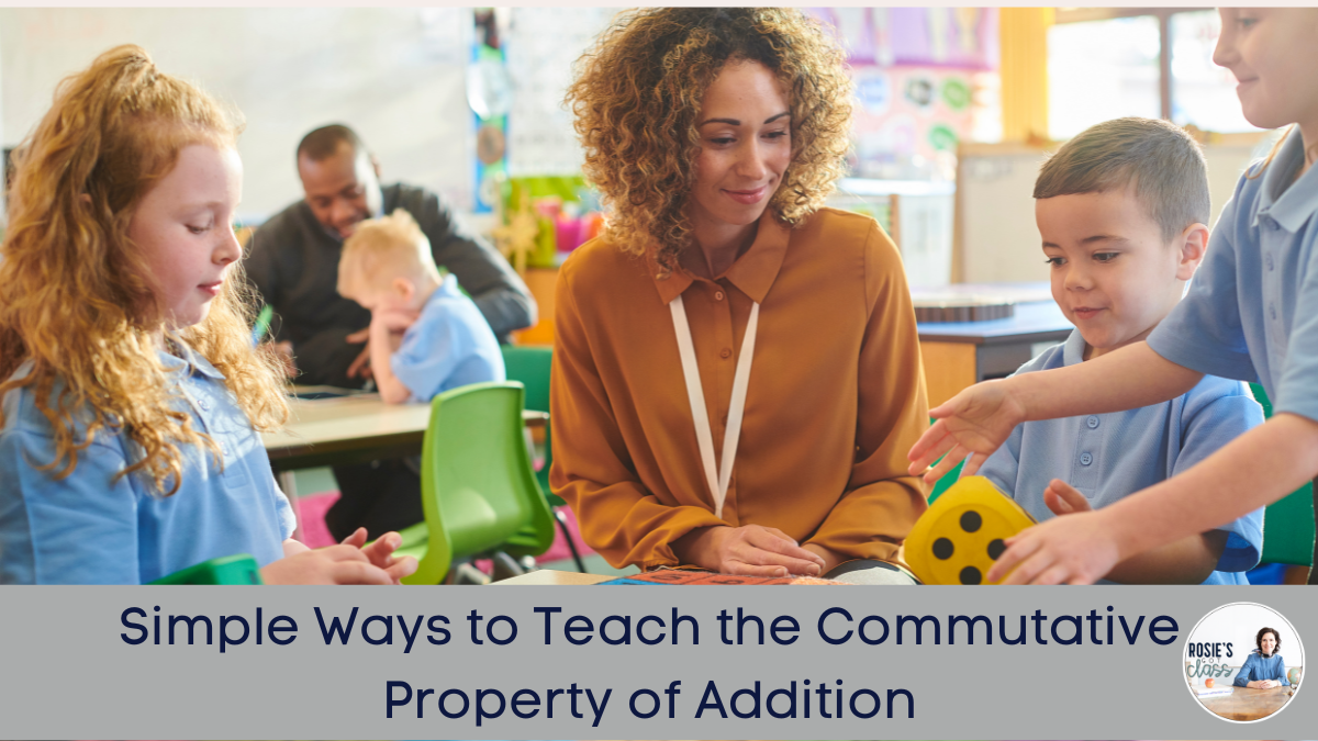 teacher teaching young students the commutative property of addition