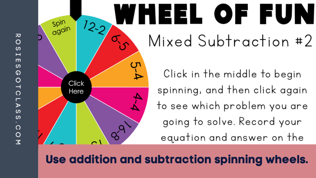 spinning game with subtraction problems on it