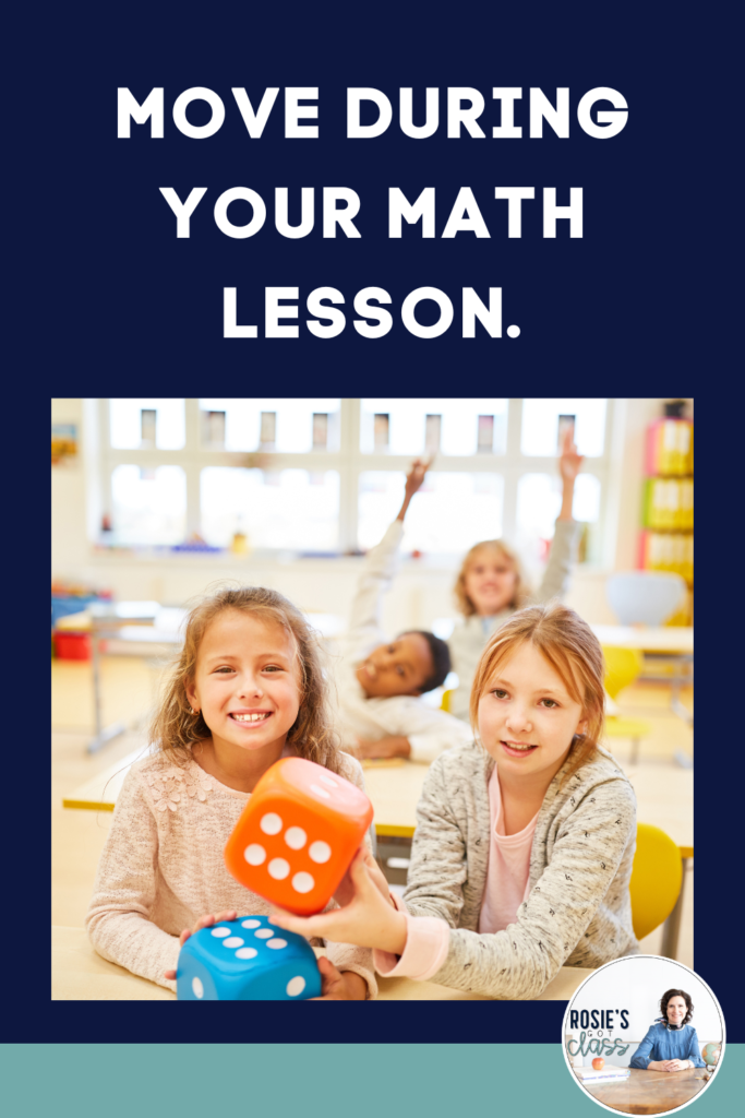 4 students are together and two are holding dice and two are raising their hands as they practice math