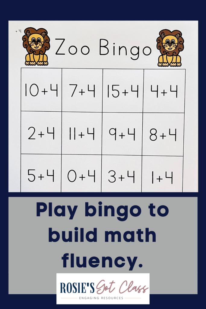 gameboard of zoo bingo with addition facts