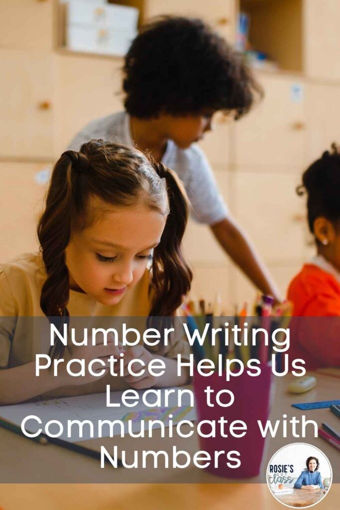 3 children in a classroom writing numbers