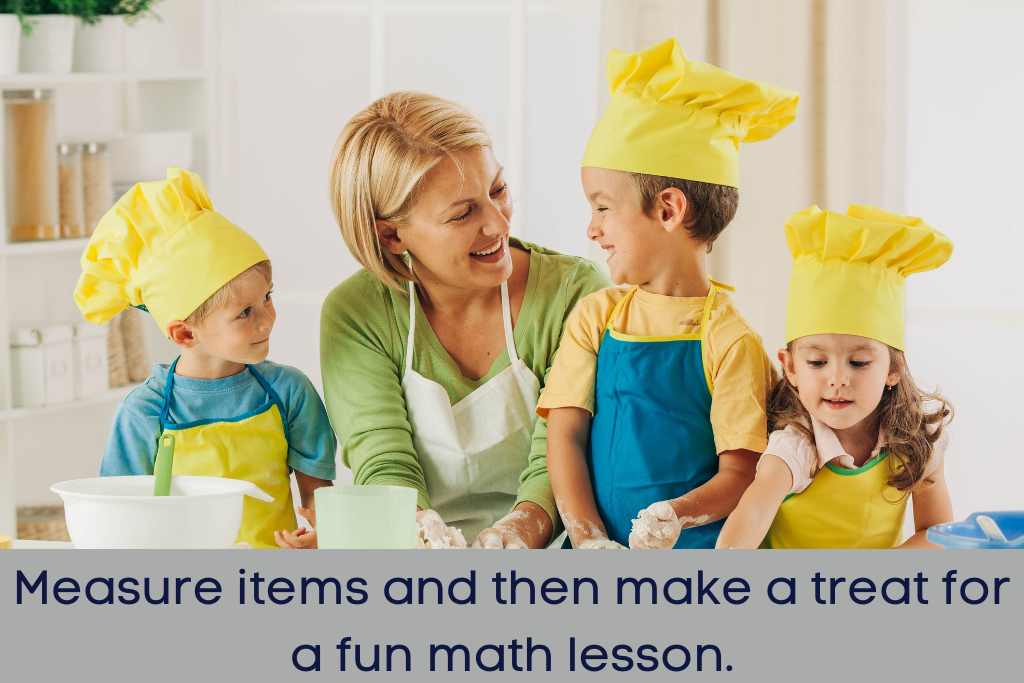 teacher with children with aprons and bakers hats to measure items