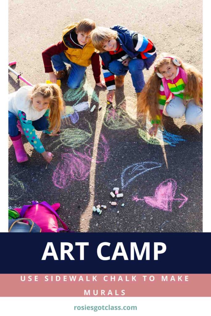 4 children using sidewalk chalk to draw a mural