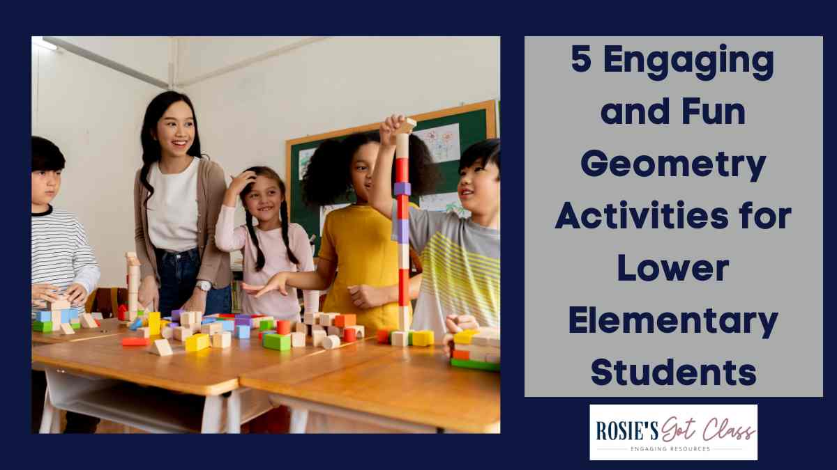 Teacher helping with a geometry activity with 4 students in a classroom using shape blocks