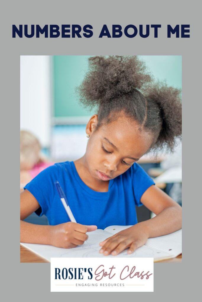 girl at a desk writing numbers about me for a back to school math activity