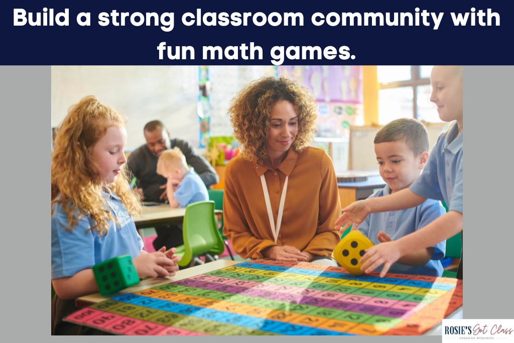 teacher with students playing a dice game with another adult and student in the background