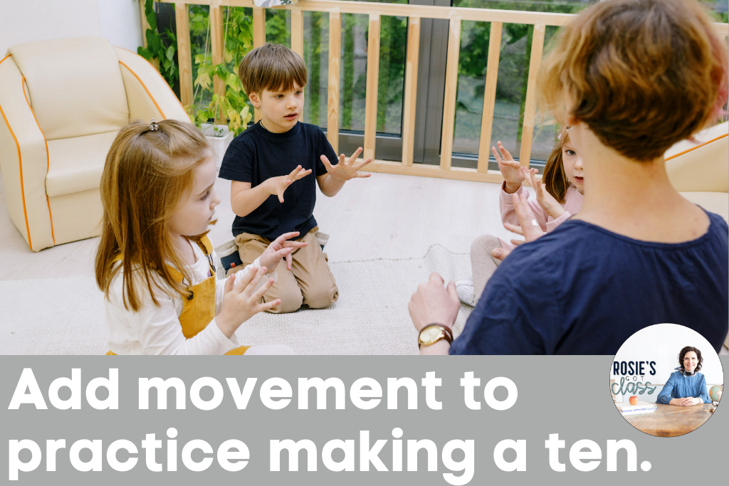 teacher with a small group of children are counting using their fingers to move to practice making a ten.