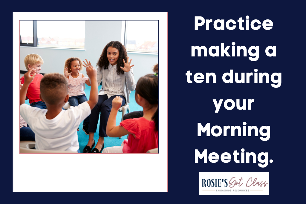 teacher with a small group of children circled around her with them holding up their fingers to use the make a ten strategy