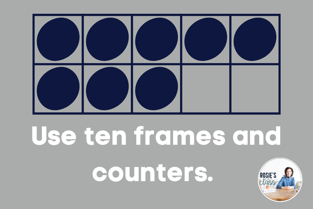 shows a ten frame with 8 boxes having a circle in them and 2 boxes without a circle