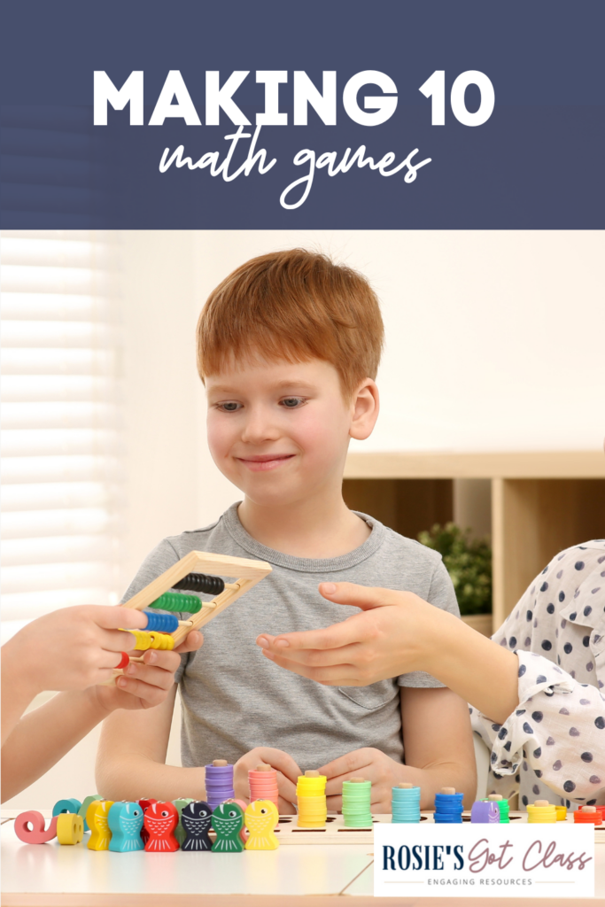 smiling boy looking at a colorful counter that another child is holding with another child on the other side reaching a hand