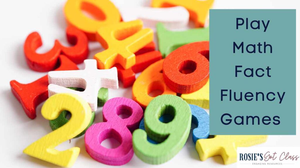 Words say “play math fact fluency games” and has a pile of brightly colored wooden numbers