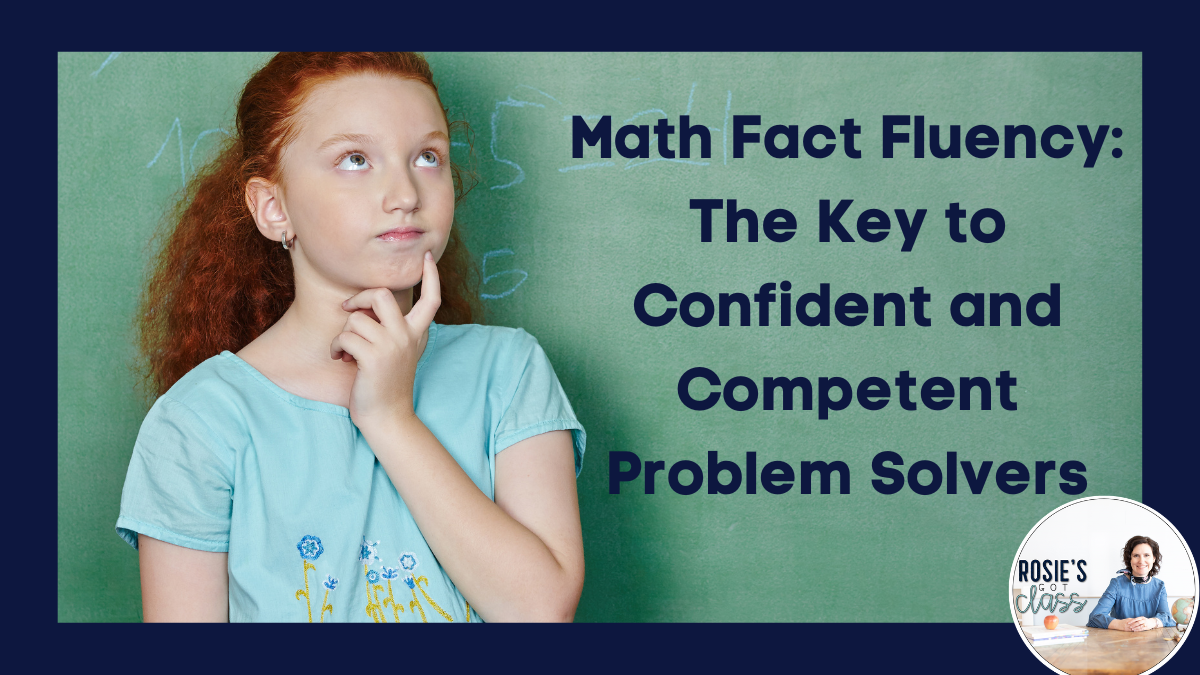 Girl with her finger on her chin in front of a chalkboard with math equations written on it with the words Math Fact Fluency: The Key to Confident and Competent Problem Solvers