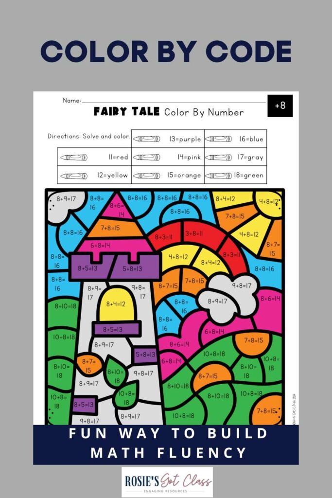 picture of a castle that is color by code that says color by code is a fun way to build math fluency