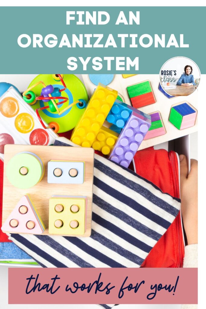 Shows a variety of math manipulatives that are piled on top of each other that says find an organizational system that works for you