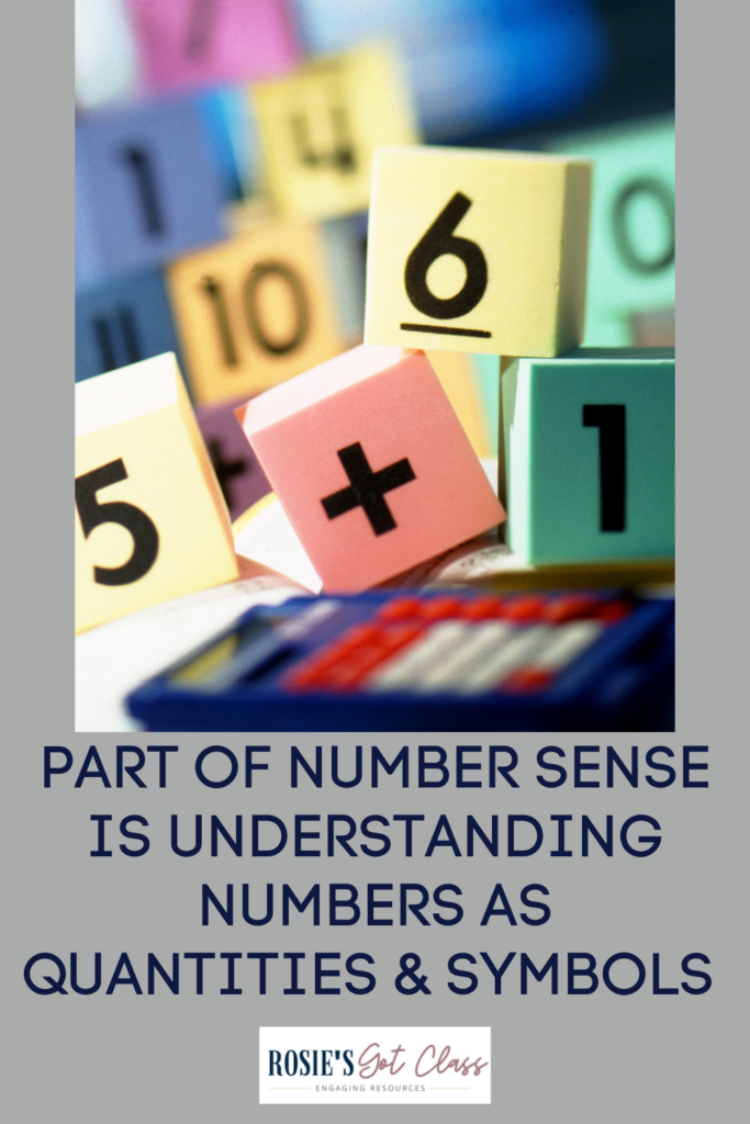 Colored blocks with a number 5, plus sign, number 1, and a number 6 that says Part of Number Sense is Understanding Numbers as Quantities and Symbols