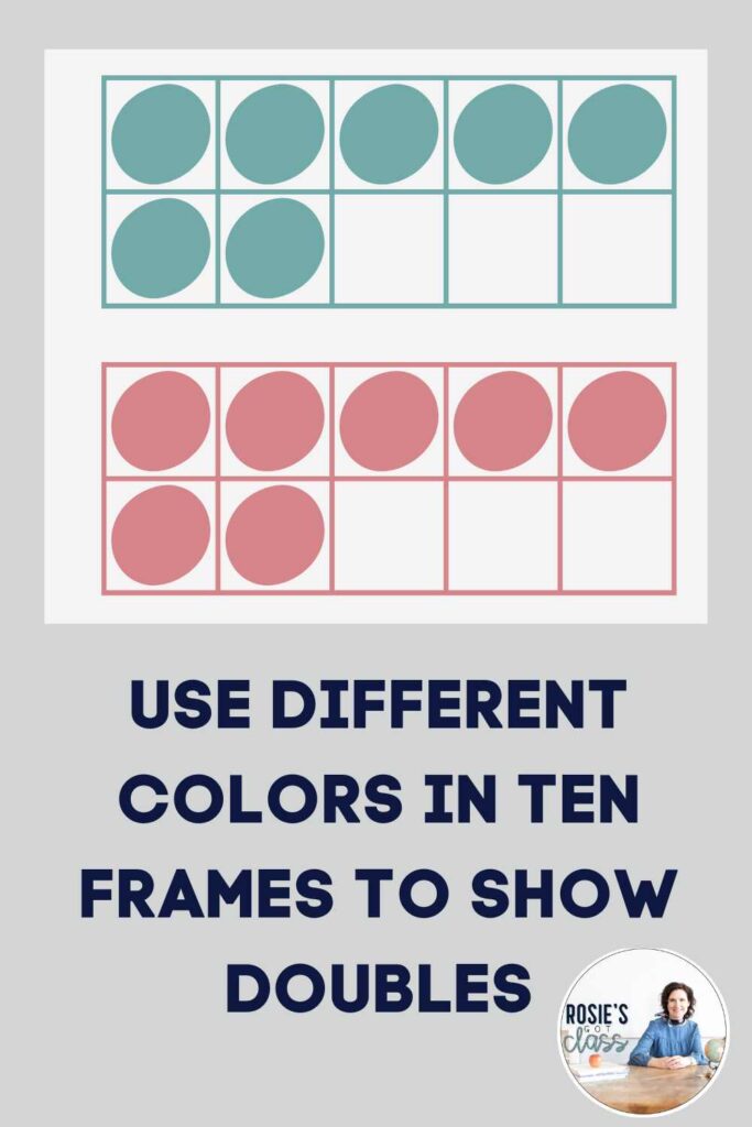 two sets of ten frames with 7 in each of them with one colored teal blue and one colored pink