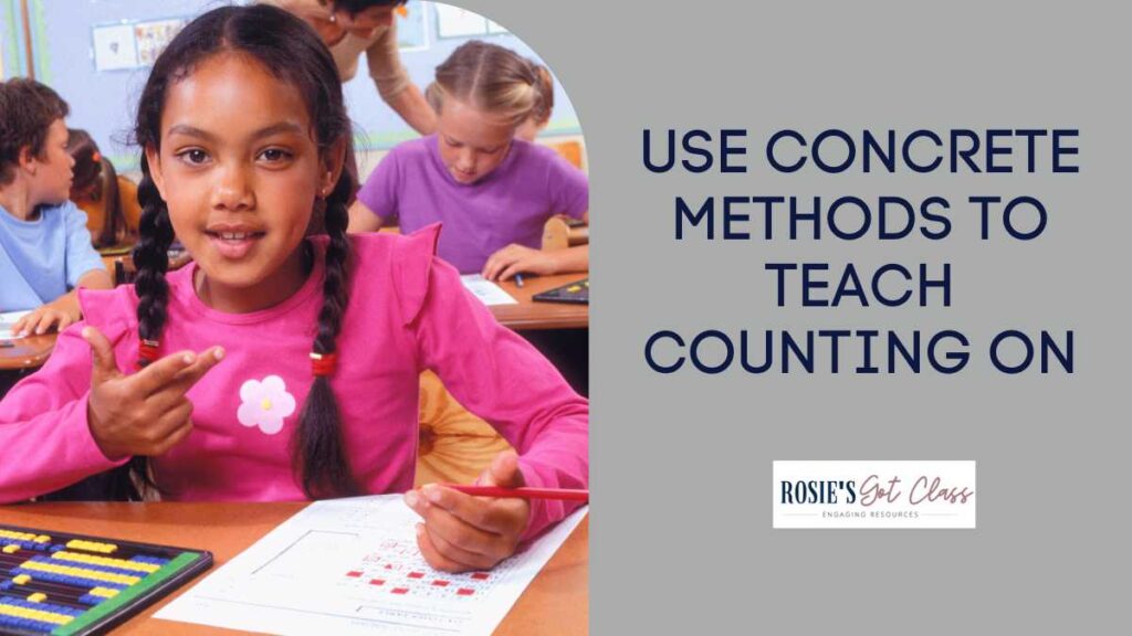 girl counting on her fingers and holding a pencil and using manipulatives to practice the counting on addition strategy