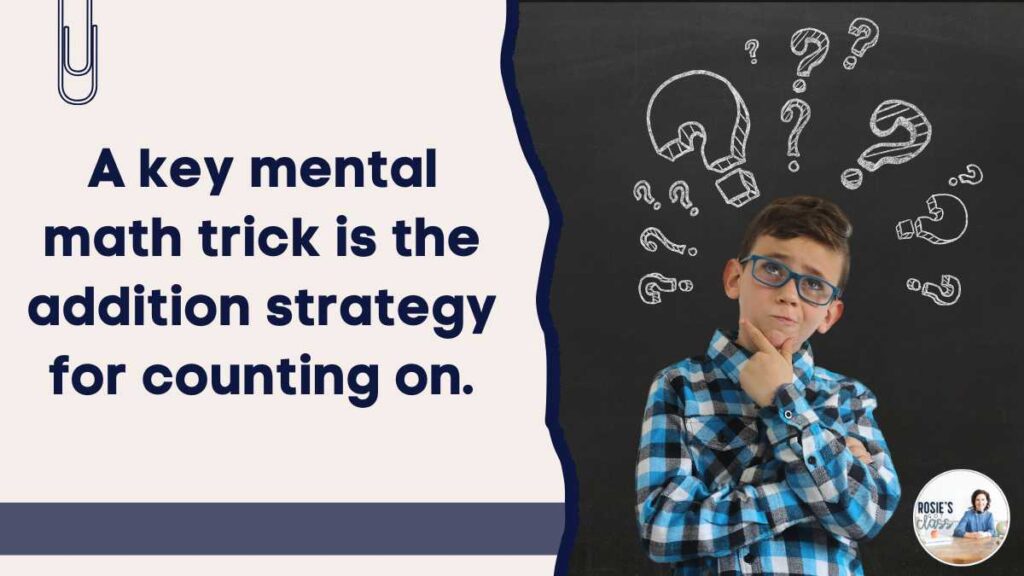 boy with a thinking look on his face with his index finger and thumb spread over his chin with question marks drawn on the blackboard behind him using the counting on addition strategy