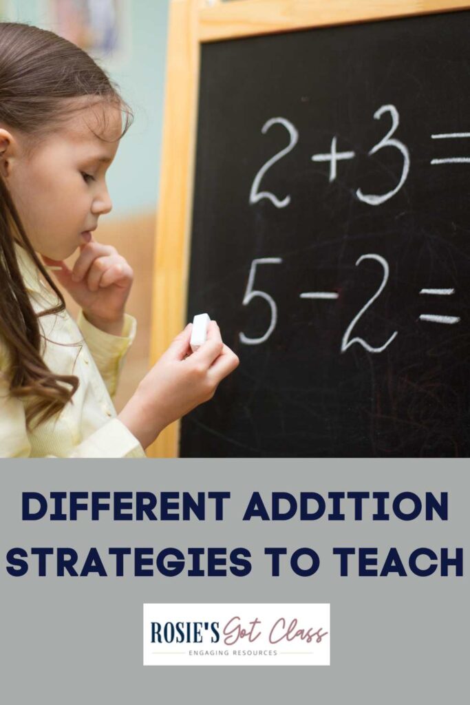 girl writing addition strategy with chalk on a chalkboard