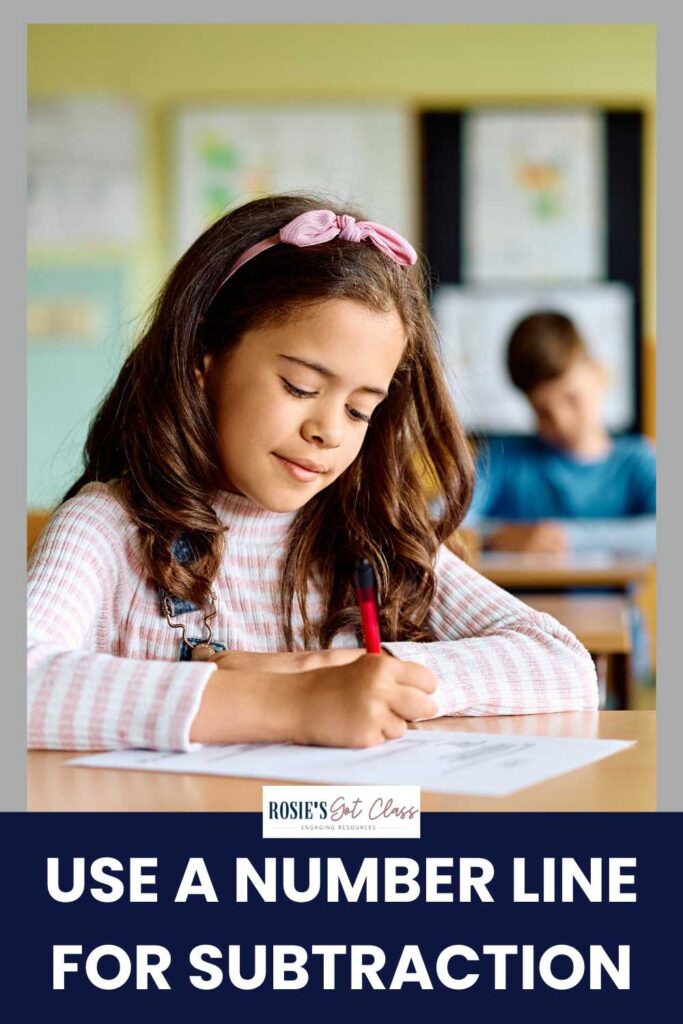 girl at a desk and working on subtracting with a number line