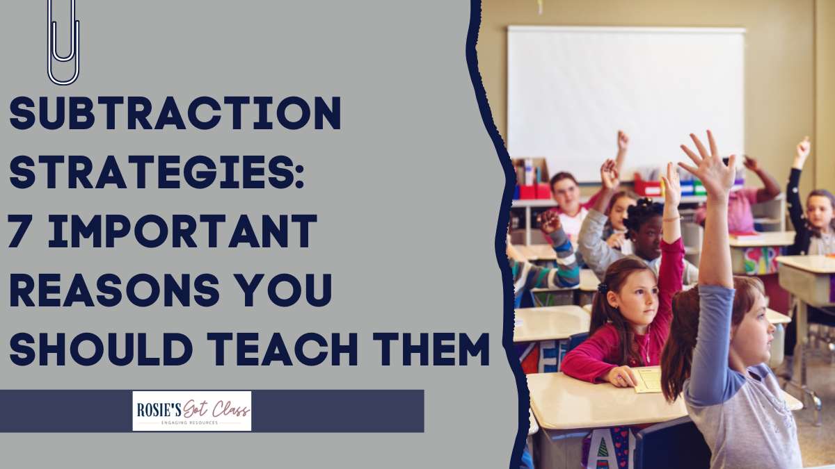 group of children seated at desks in a classroom and raising hands to answer subtraction problems.