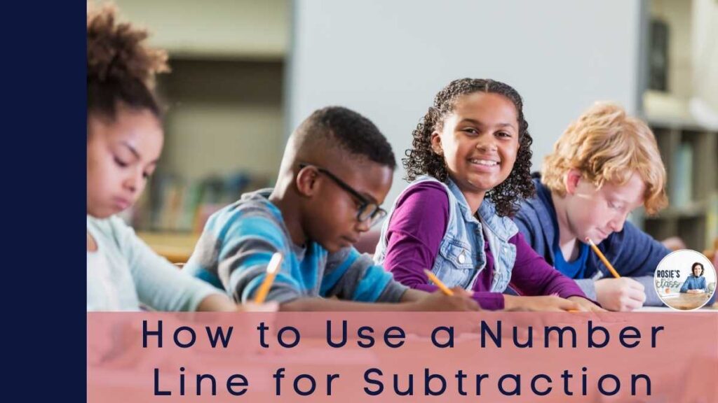 2 girls and 2 boys working on subtraction with a number line