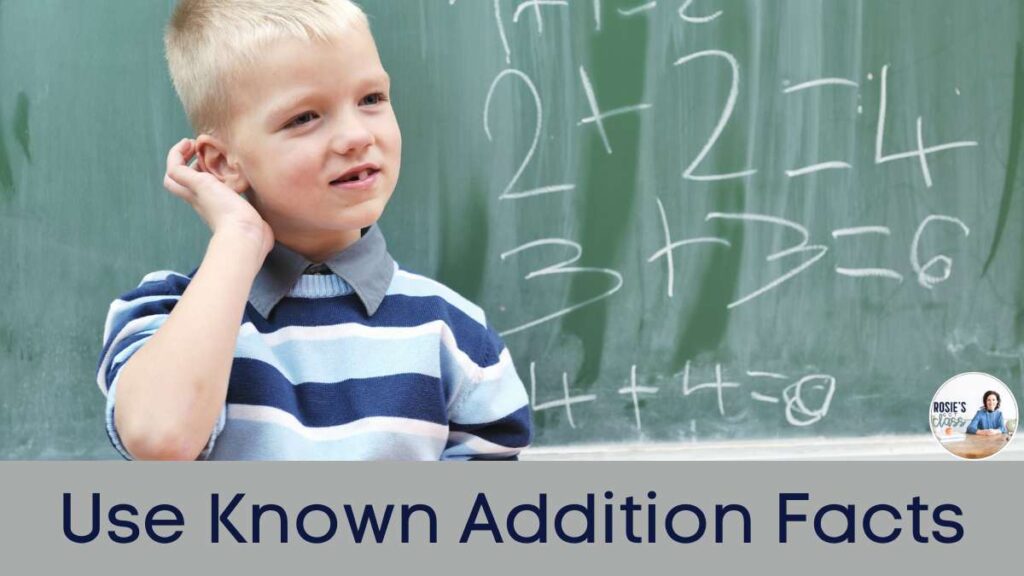 boy standing in front of a chalkboard that has doubles addition facts written on it and thinking how to use addition to subtract