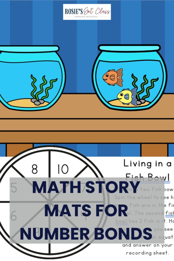 practice number bonds of 10 with a spinning wheel with numbers on it with a short story with a picture of a table with two fish bowls on it and one fish bowl has 2 fish in it